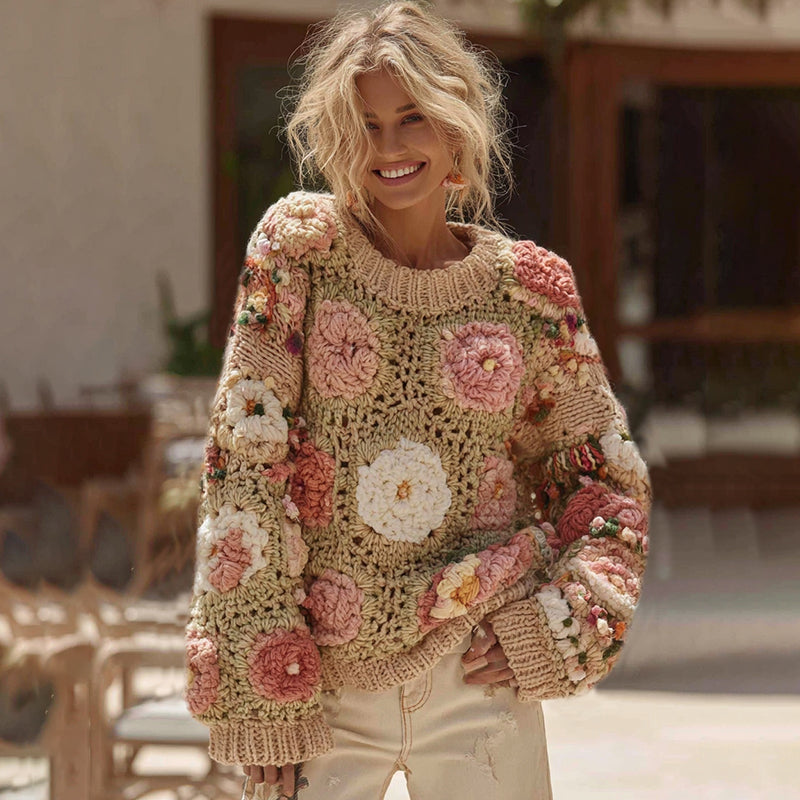 Pull en coton à motif crocheté mixte de marguerites et de roses