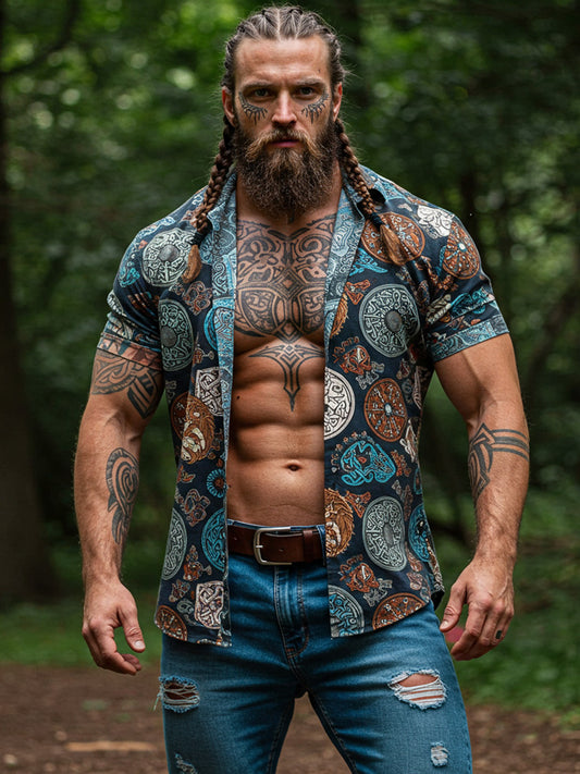Vintage Viking Rune Print V Neck Short Sleeve Shirt elevenforest