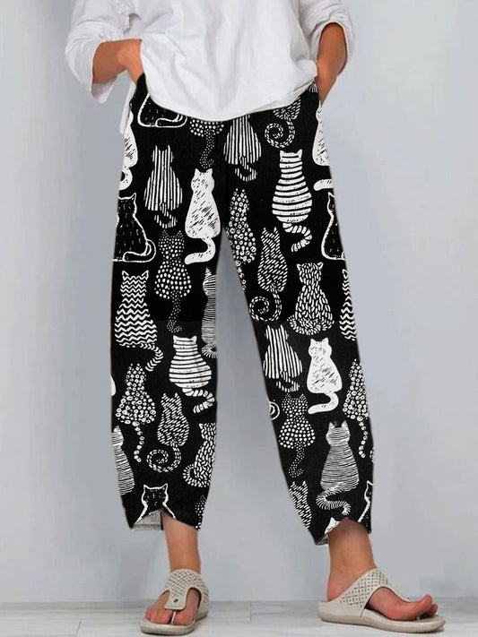 Black and White Cat Line Print Linen Casual Pants elevenforest