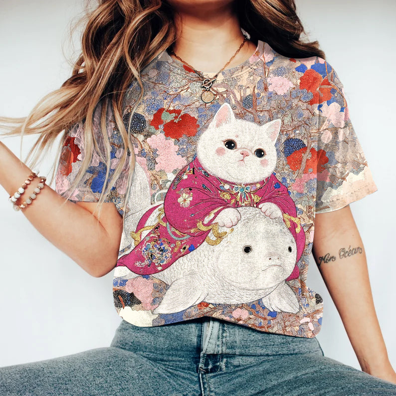 Cat In Kimono Riding A Carp T-shirt elevenforest