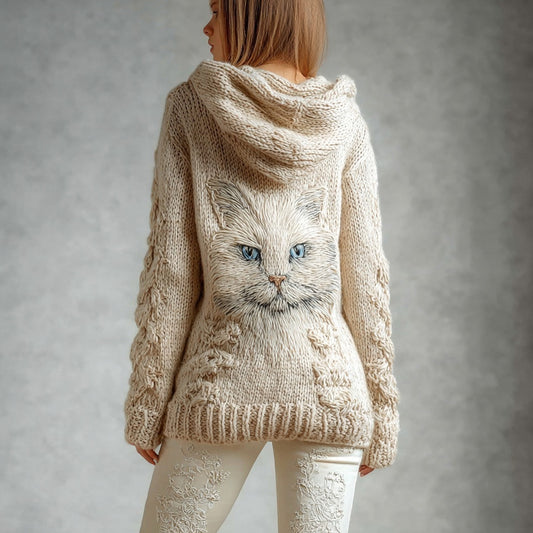 Comstylish Cute Cats Embroidered Comfy Knit Hooded Cardigan