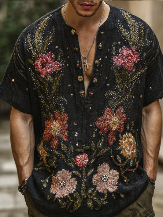 Bohemian Style Three-dimensional Plant And Flower Black Starry Sky Men's V-neck Short-sleeved Shirt artswardrobe