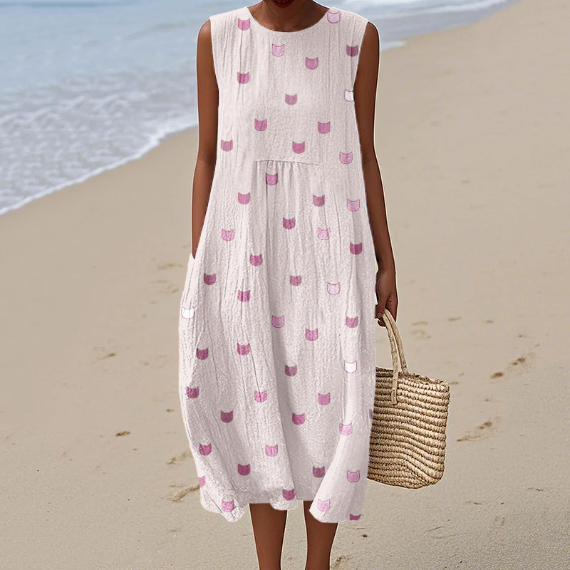 Cute Little Kitty Pattern Cozy Linen Tank Dress elevenforest