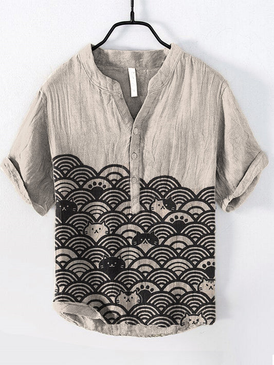 Cats & Waves Japanese Art Print Cozy Cotton Linen Shirt elevenforest