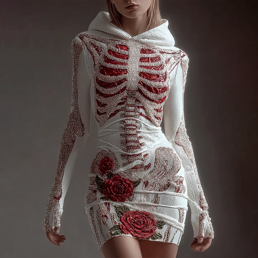 Women's Skeleton Roses Bandages Sequins Art Cozy Knit Hooded Mini Sweater Dress artswardrobe