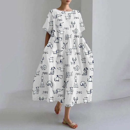 Comstylish Cute Dogs Art Print Casual Short Sleeve Midi Dress