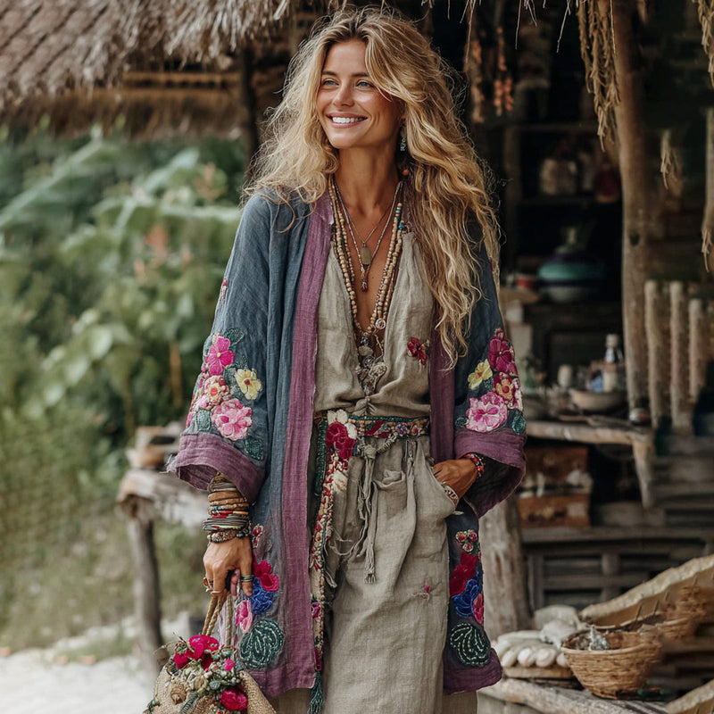 Cardigan kimono en lin à broderie florale variée
