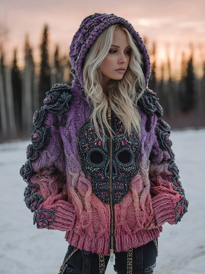 Women's Vintage Celtic Skull Gradient Art Cozy Knitted Hooded Cardigan elevenforest