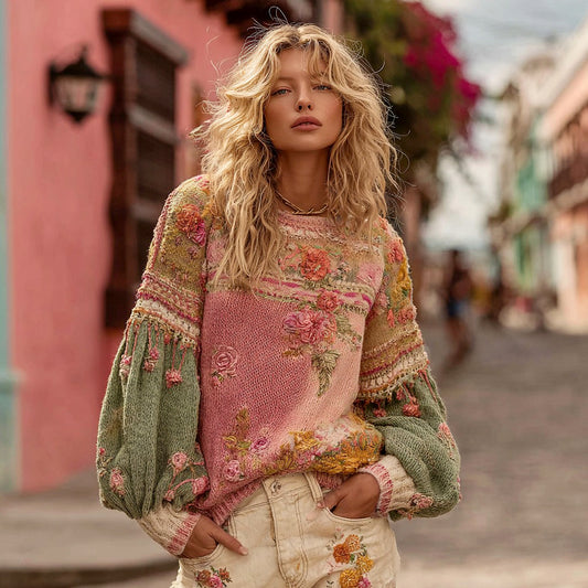 Comstylish Women's Vintage Bohemian Floral Embroidery Knitted Crew Neck Sweater