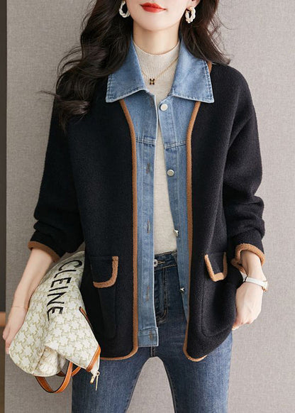 Manteau en laine noir unique à col Claudine, patchwork en jean, effet deux pièces, automne