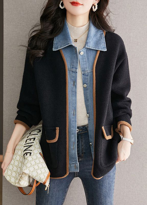 Manteau en laine noir unique à col Claudine, patchwork en jean, effet deux pièces, automne