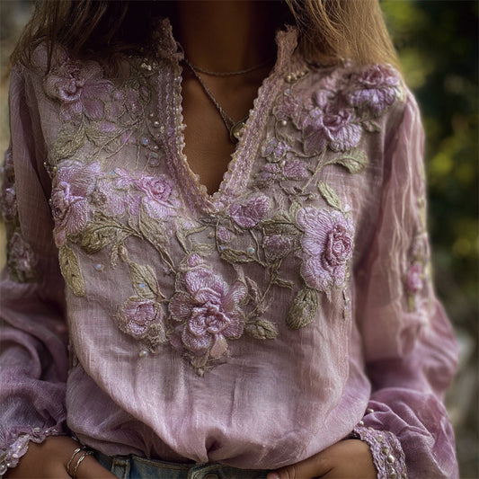 Comstylish Vintage Lavender Flowers Vines Embroidered Linen Tunic