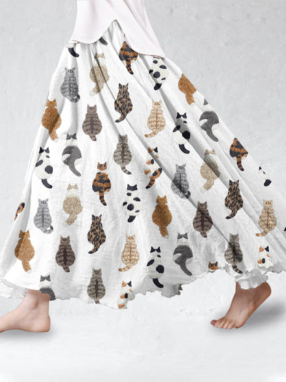 Cute Cats Embroidery Pattern Linen Blend Skirt elevenforest