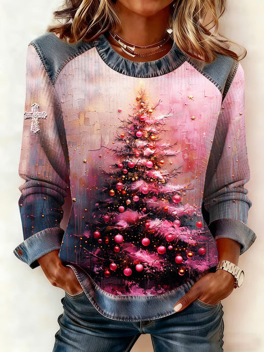 Comstylish Women's Christmas Print Faux Denim Top For Winter