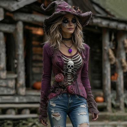 Comstylish Women's Halloween Rose Skull Witch Cosplay V-neck T-shirt