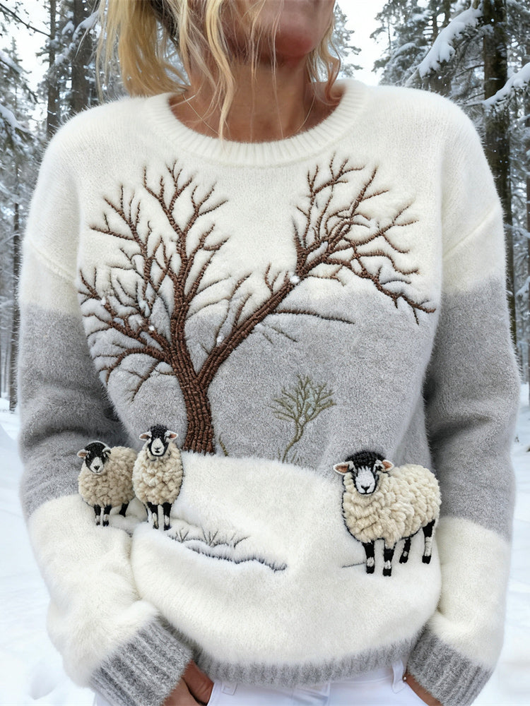 Pull en coton à scène de moutons d'hiver et d'arbres dénudés
