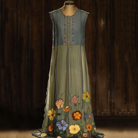 Vintage Denim Blue Chiffon Violet Embroidery Sleeveless Dress artswardrobe