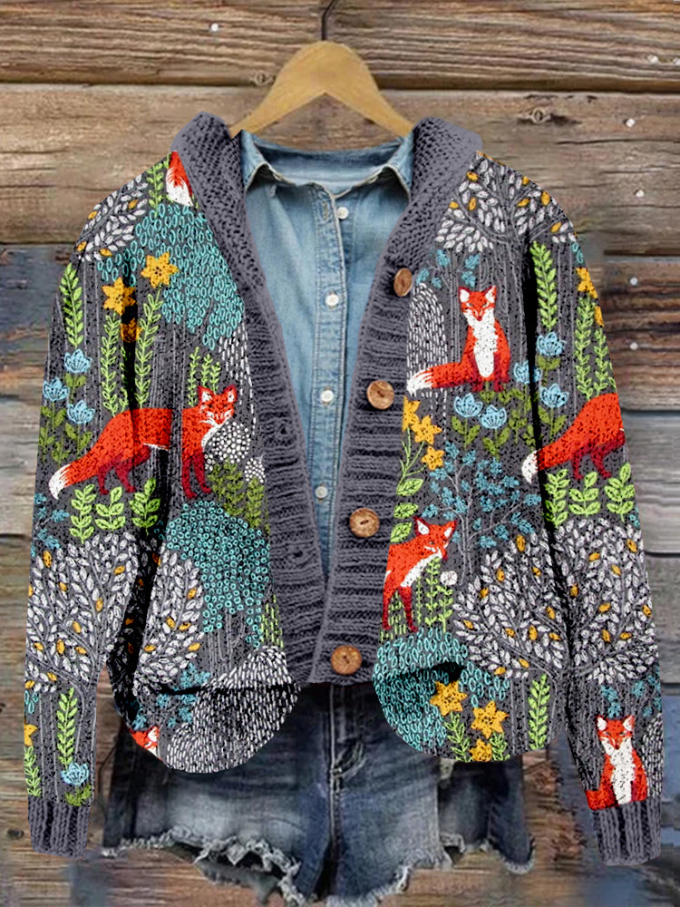 Fox in the Forest Graphic Comfy Hooded Cardigan artswardrobe