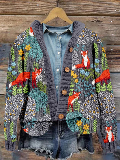 Fox in the Forest Graphic Comfy Hooded Cardigan artswardrobe