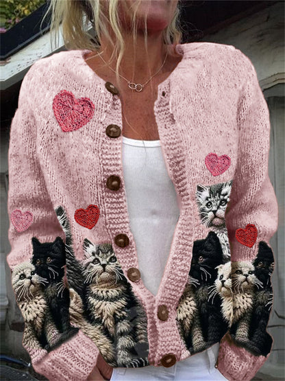 Comstylish Valentine's Day Hearts & Cats Crochet Cozy Cardigan