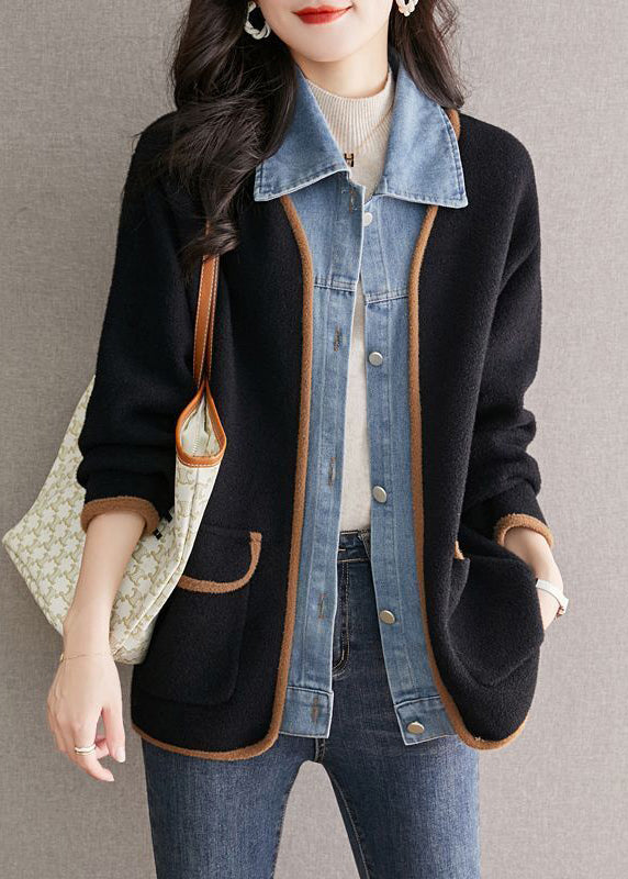 Manteau en laine noir unique à col Claudine, patchwork en jean, effet deux pièces, automne