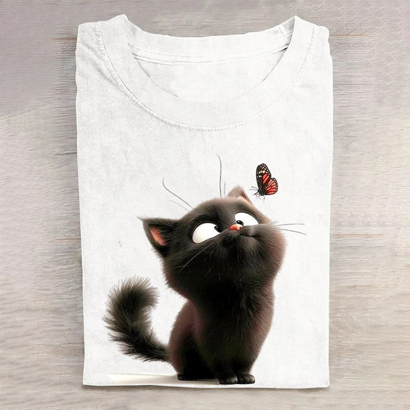Funny Cat Print Loose Crew Neck Casual T-Shirt elevenforest