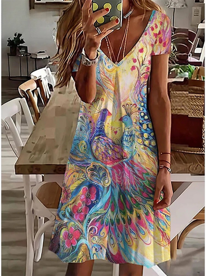 SL | Women's Sundress Robe midi manches courtes Imprimé floral été décontracté V cou lâche robes Plus Taille 2024 Vêtements féminins Vestidos
