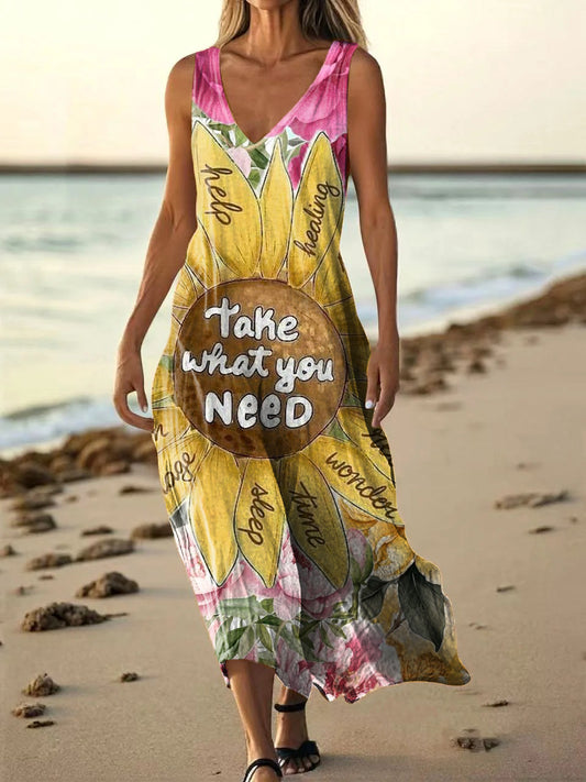 Women's Hippie Floral Art Print Pocket Cotton Dress