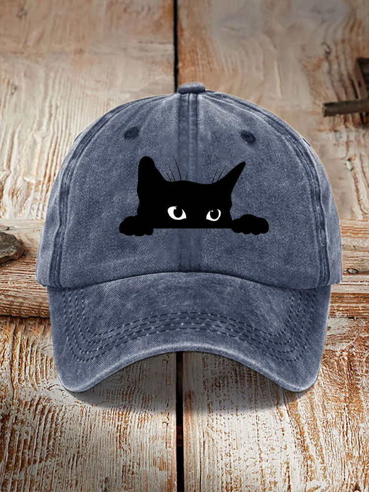 Comstylish Unisex Washed Cotton Bend Casual Black Cat Print Hat