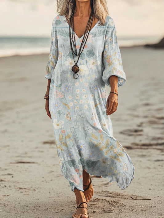 Women's Floral Art Print Pocket Cotton Dresses