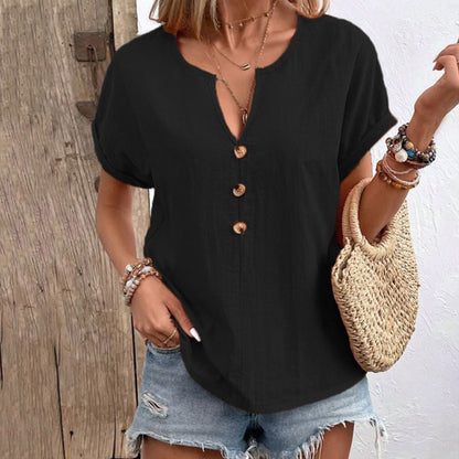 Women's Solid Color Button Linen V-neck T-shirt artswardrobe