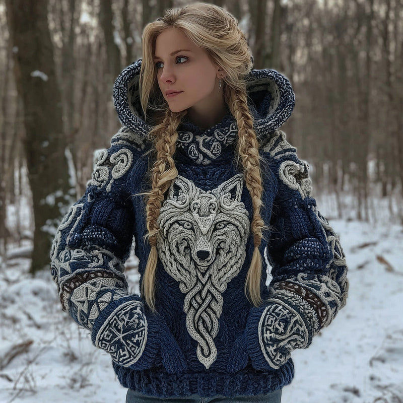 Cardigan à capuche mélange coton à motif de loup celtique