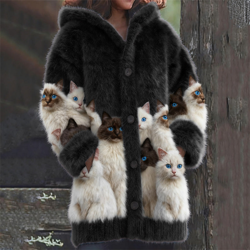 Cardigan en laine à imprimé de chats noir et blanc