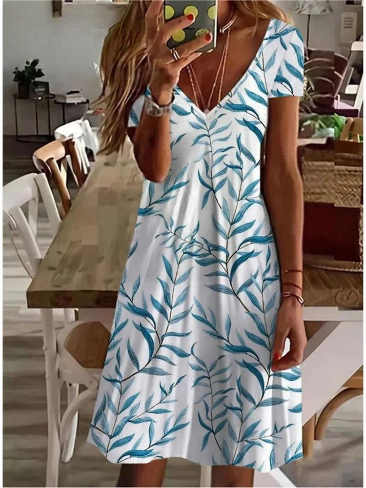 SL | Women's Sundress Robe midi manches courtes Imprimé floral été décontracté V cou lâche robes Plus Taille 2024 Vêtements féminins Vestidos