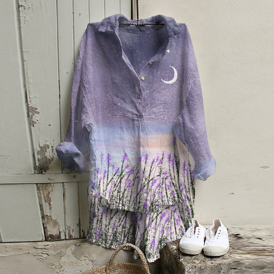 Comstylish Cozy Lavender Fields Under The Stars Cotton Blend Long Sleeve Casual Shirt