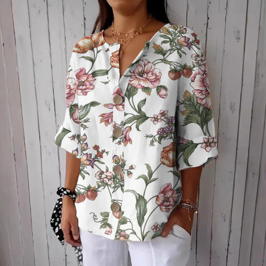 Women's Floral Print Button Linen Blend Casual Shirt artswardrobe