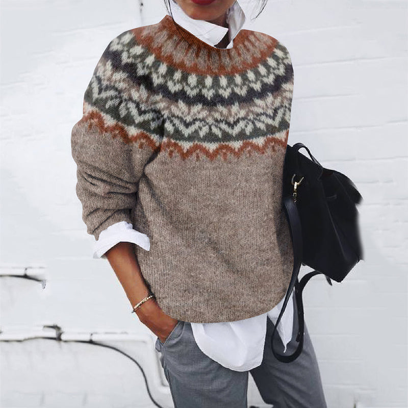 Pull mélange laine à col rond avec empiècement Fair Isle rouille et anthracite