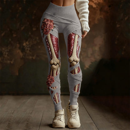 Comstylish Classy Roses Skeleton Anatomy Sequins Bandages Cozy Knit Leggings