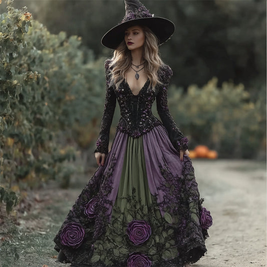 Comstylish Halloween Vintage Roses Lace Fiber Art Witch Linen Maxi Dress
