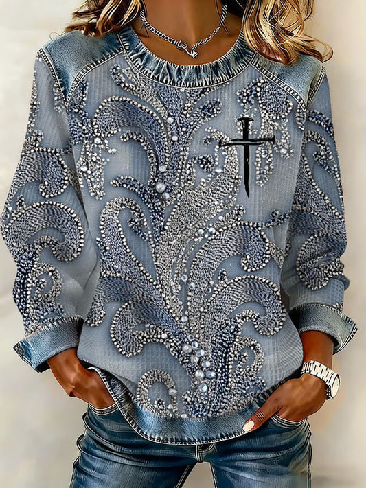 Comstylish Women's Casual Cross Print Long Sleeve Sweatshirt