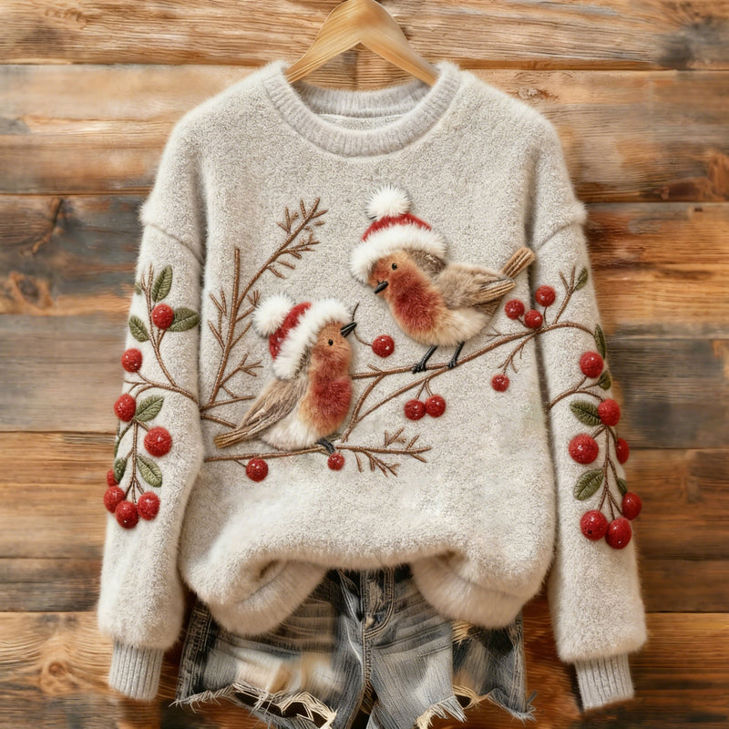 Pull en coton avec rouges-gorges des fêtes et branches de cerisier