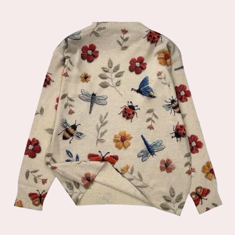 Pull en coton avec insectes et fleurs tricotés multicolores