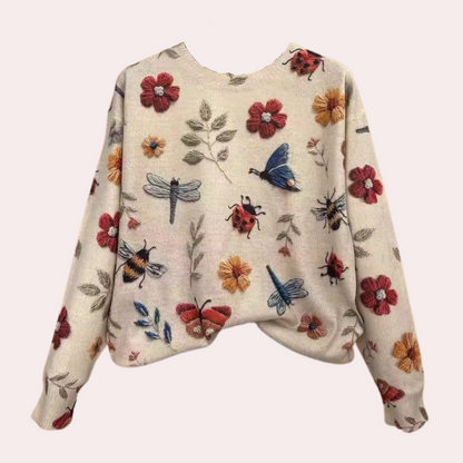 Pull en coton avec insectes et fleurs tricotés multicolores