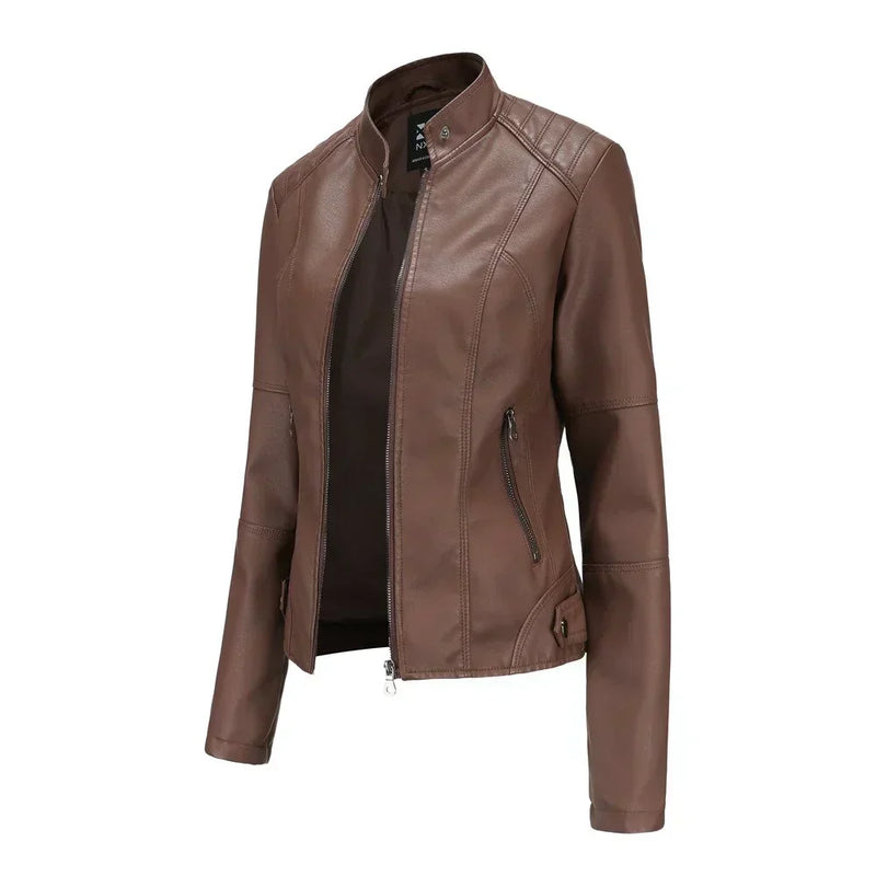 Veste en cuir pour femme à col Mao