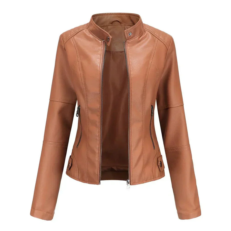 Veste en cuir pour femme à col Mao