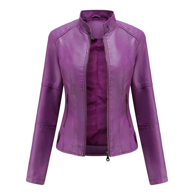 Veste en cuir pour femme à col Mao