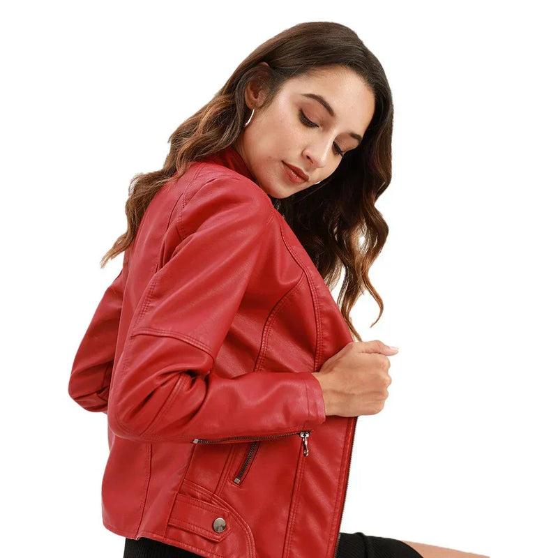 Veste en cuir pour femme à col Mao