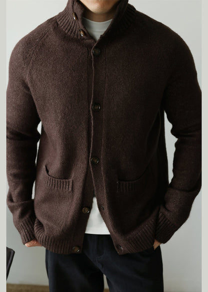 Cardigan en coton confortable marron café avec poches et col Claudine