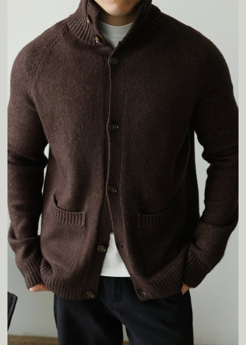 Cardigan en coton confortable marron café avec poches et col Claudine