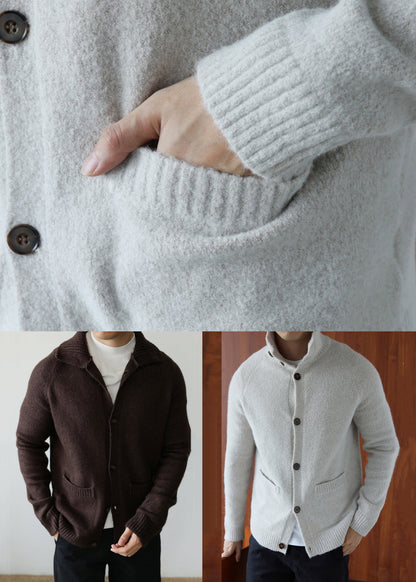 Cardigan en coton confortable marron café avec poches et col Claudine